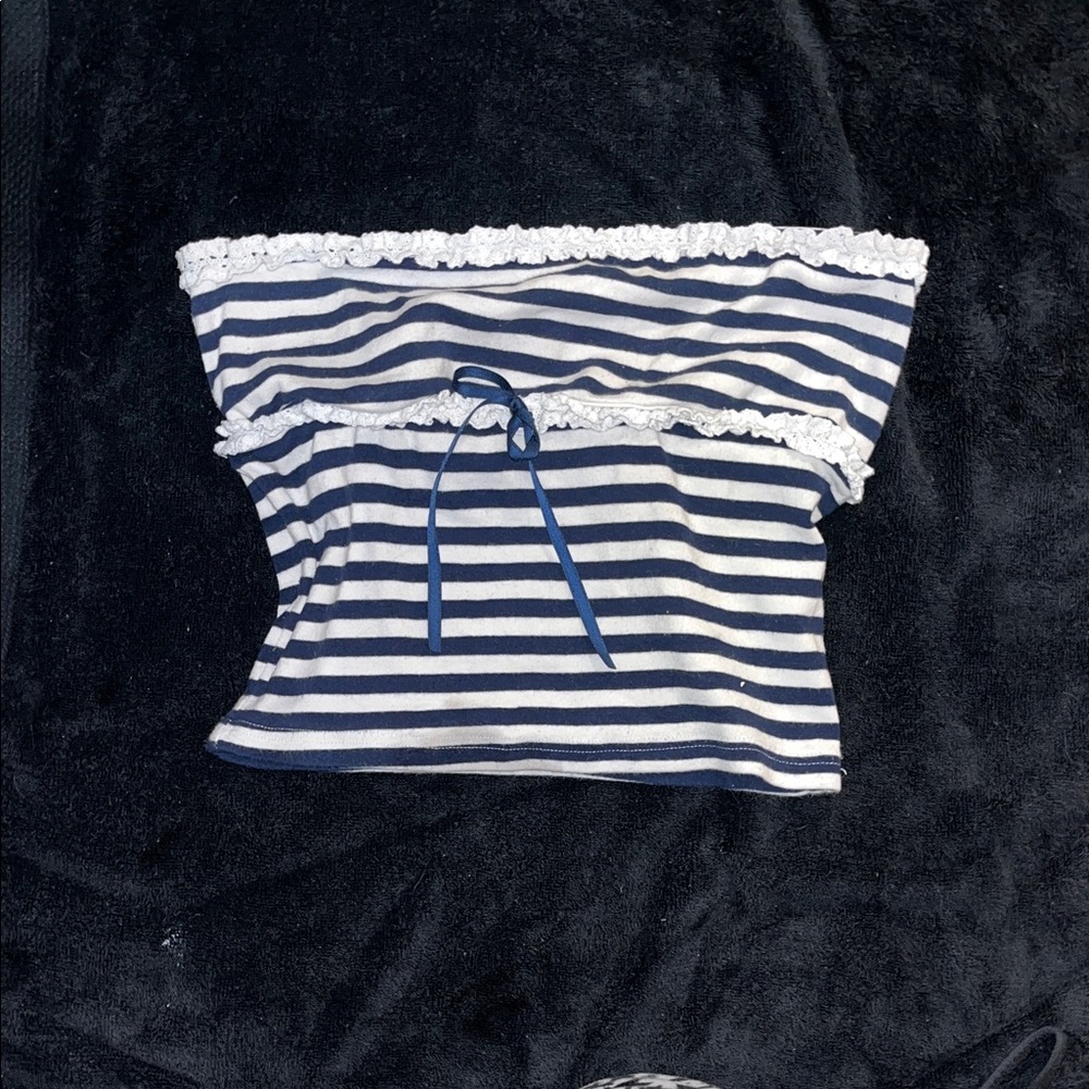 Whit and Navy Blue Striped Tube Top with Lace Trim